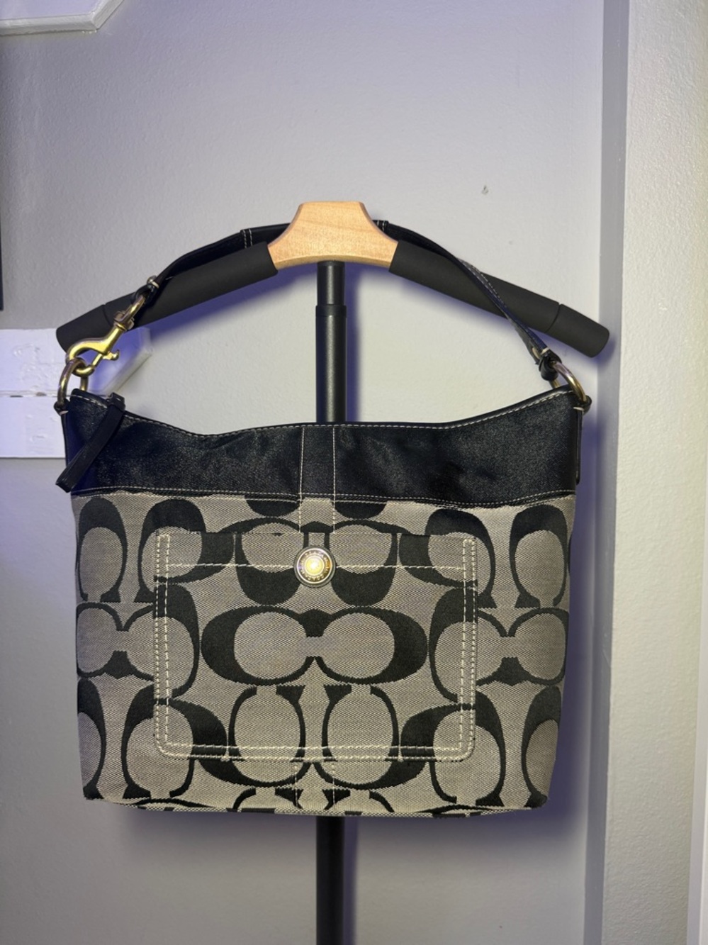 Coach Black and Gray Signature Canvas Shoulder Bag